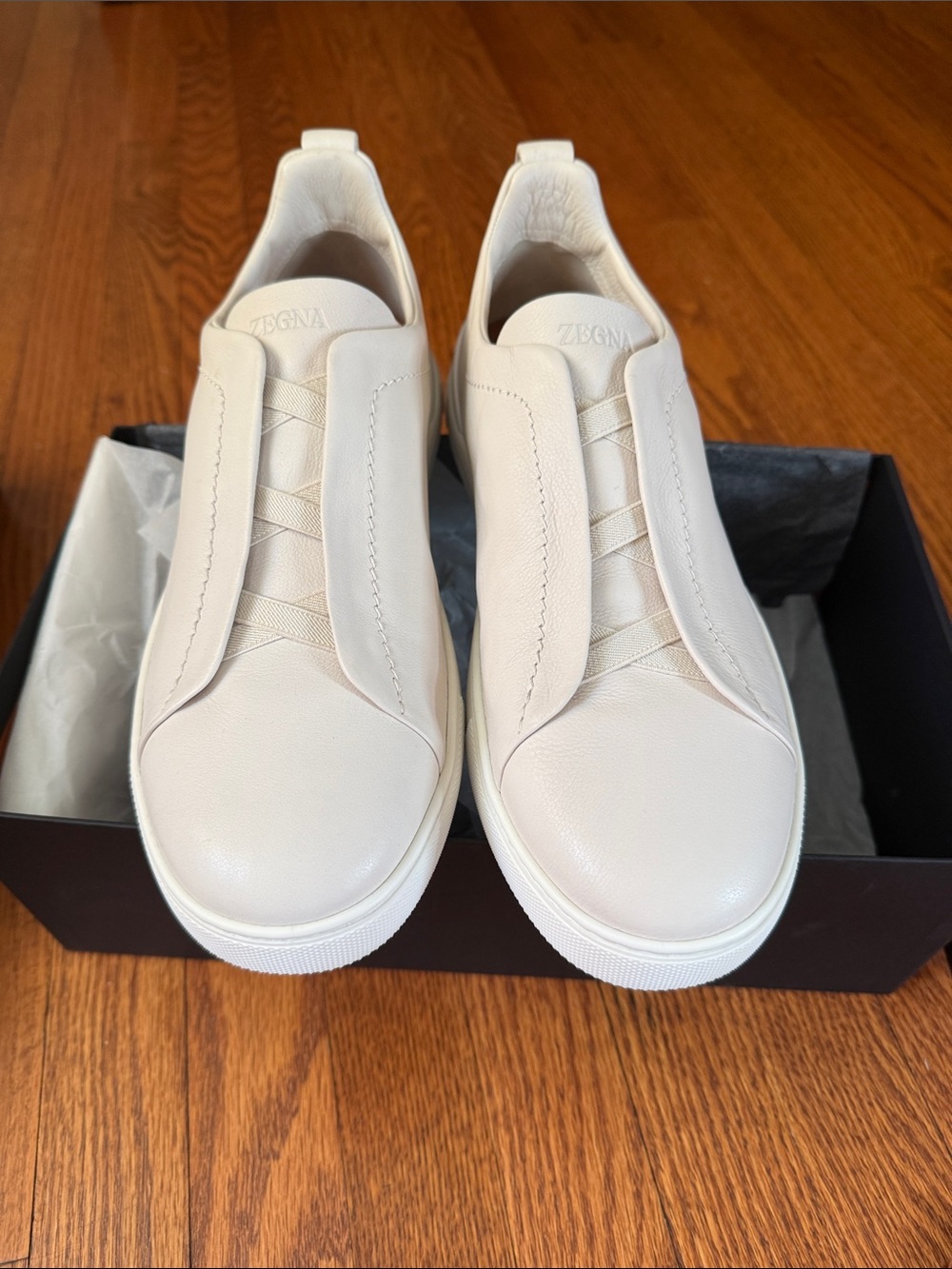 ZEGNA Men's Slip-On Leather-White/Cream. Triple Stitch SECONDSKIN Sneaker.